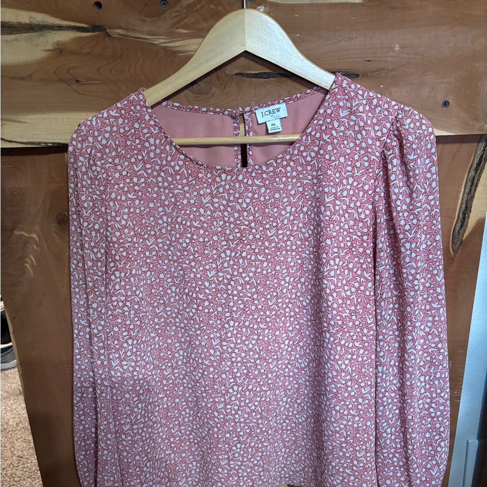 J. Crew Coral-Pink Floral Print Ruffled Neck Blouse